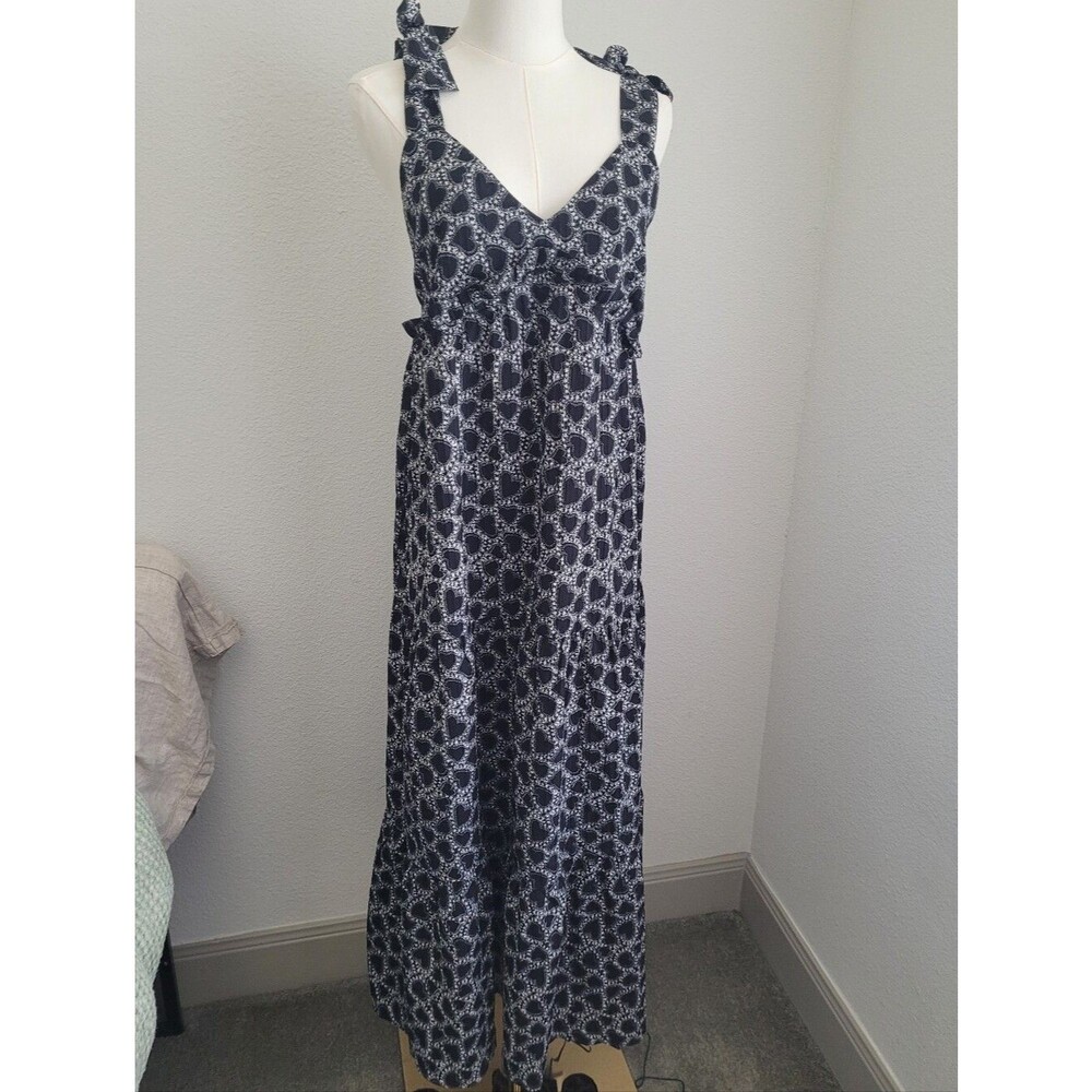 Black & White Textured Heart Print Tiered Maxi Dress Tie Strap S Whimsigoth Boho